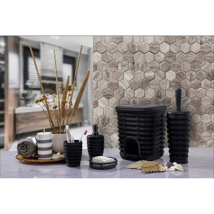 Rattan-Style 5-Piece Bathroom Accessory Set with 5 Liter Pedal Bin | Primanova
