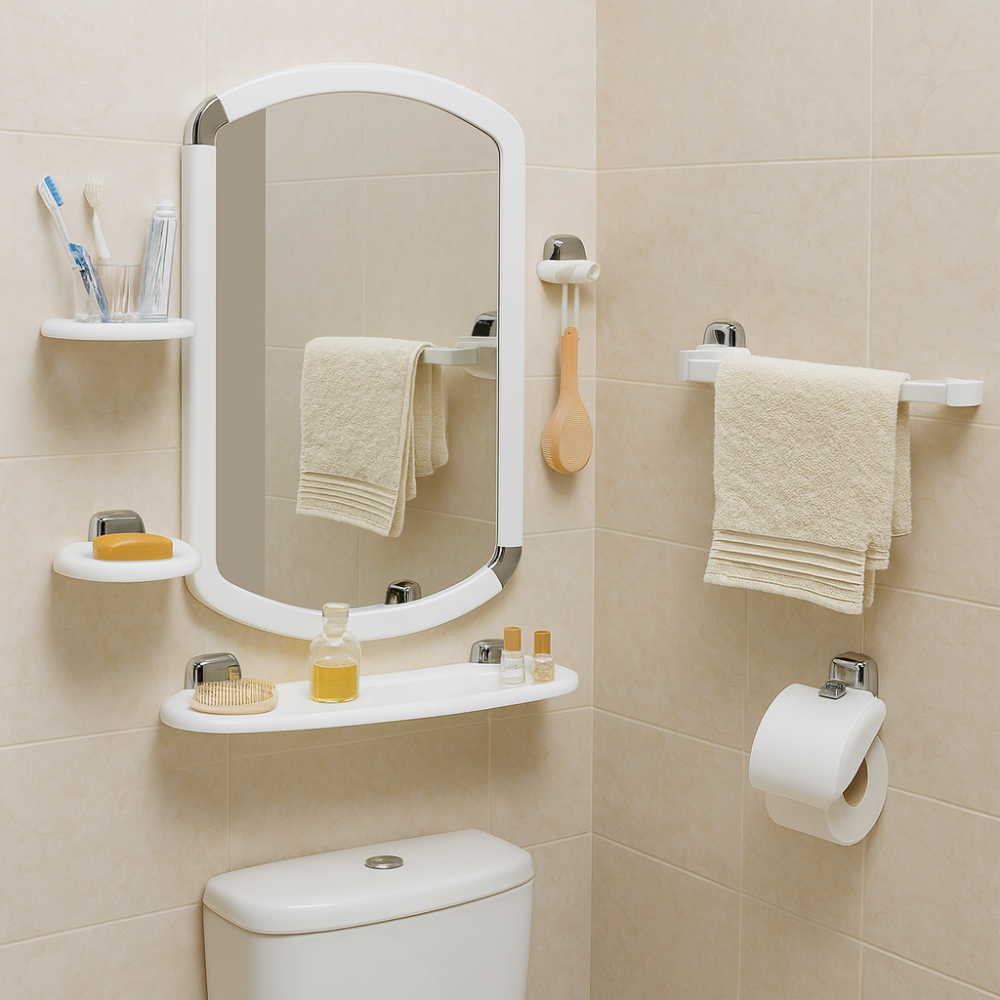 طقم مرآة حمام مع ملحقاته من 7 قطع - أبيض | بريمانوفا