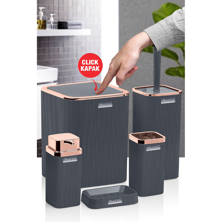Okyanus 5-Piece Bathroom Accessory Set – Ribbed Modern Design with Rose-Gold Accents