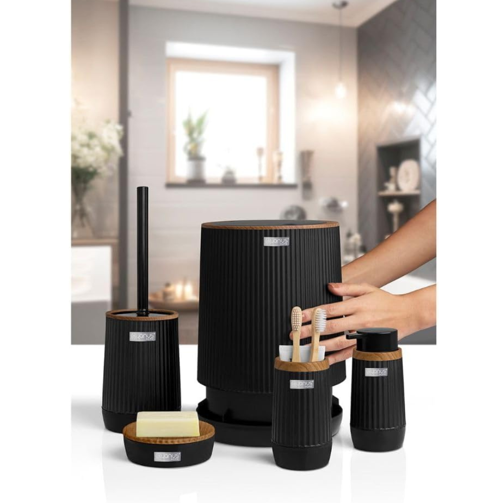 5-Piece Bathroom Accessories Set – Wood-Grain Accents, Durable Plastic