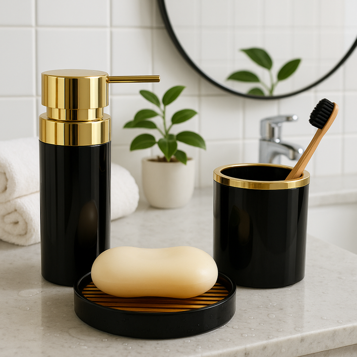 Bathroom Accessories Set (3-Piece Acrylic) – Gold Ring Trim