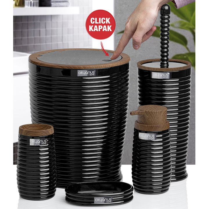 Okyanus 5-Piece Bathroom Accessories Set – Wood-Grain Accents, Durable Plastic