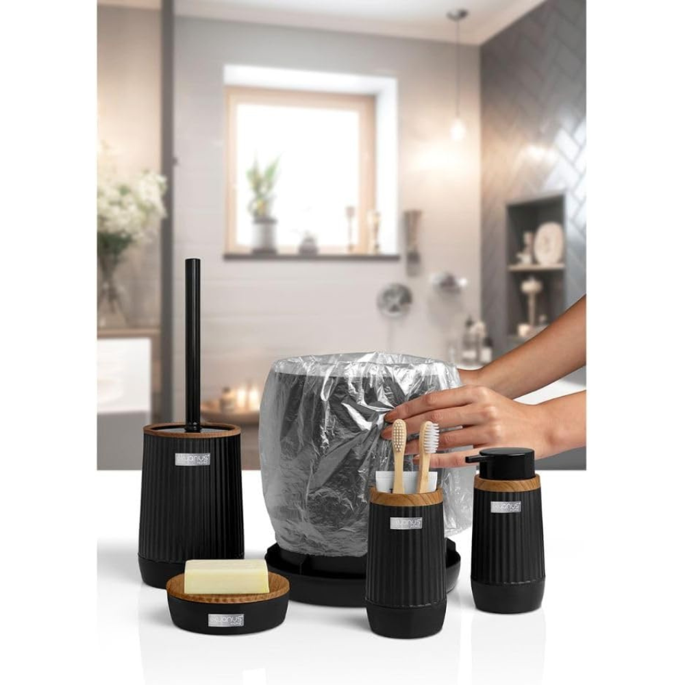 5-Piece Bathroom Accessories Set – Wood-Grain Accents, Durable Plastic