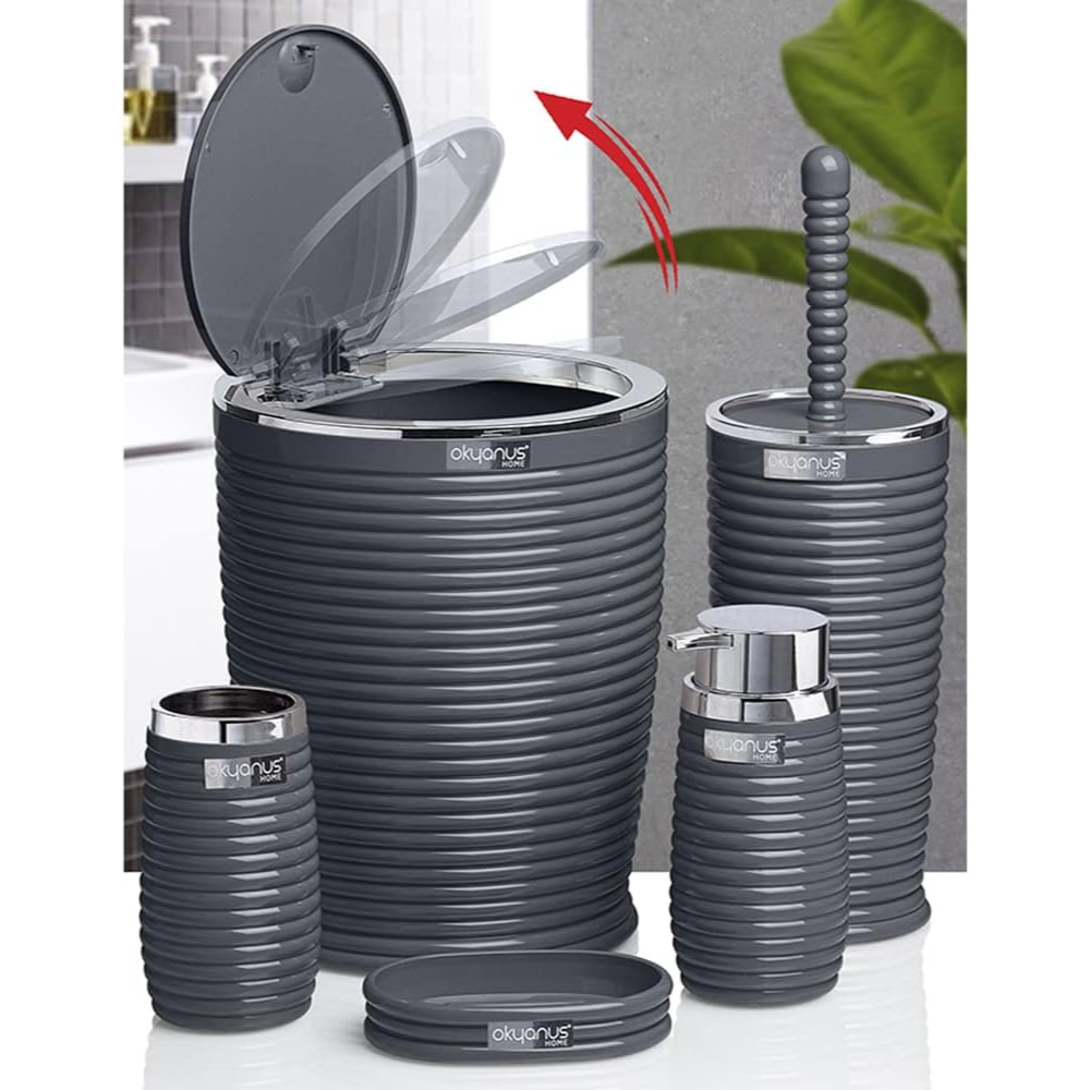 Okyanus 5-Piece Bathroom Set – Ribbed Design with Chrome Frame