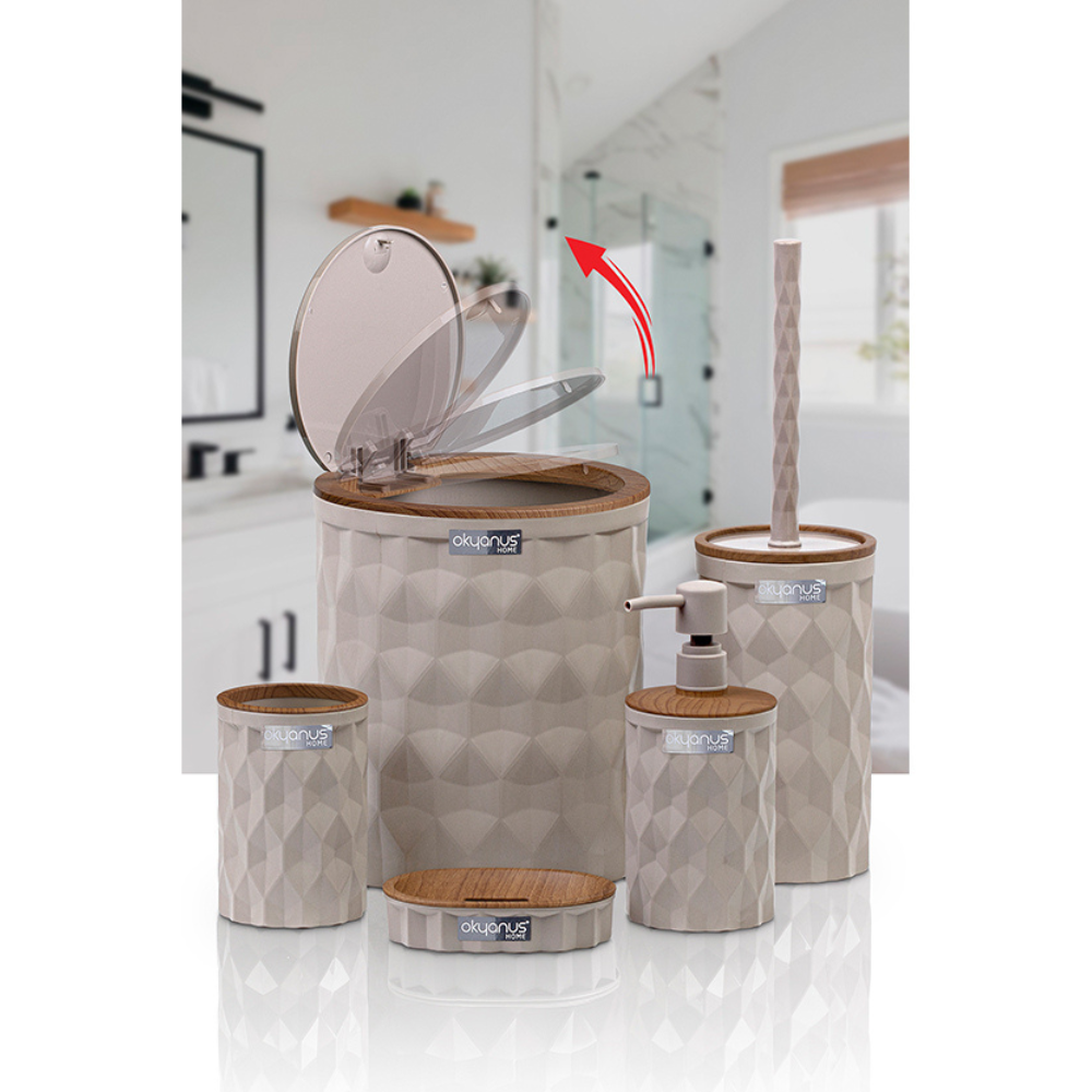 Okyanus 5-Piece Bathroom Accessories Set – Wood-Frame, Durable Plastic