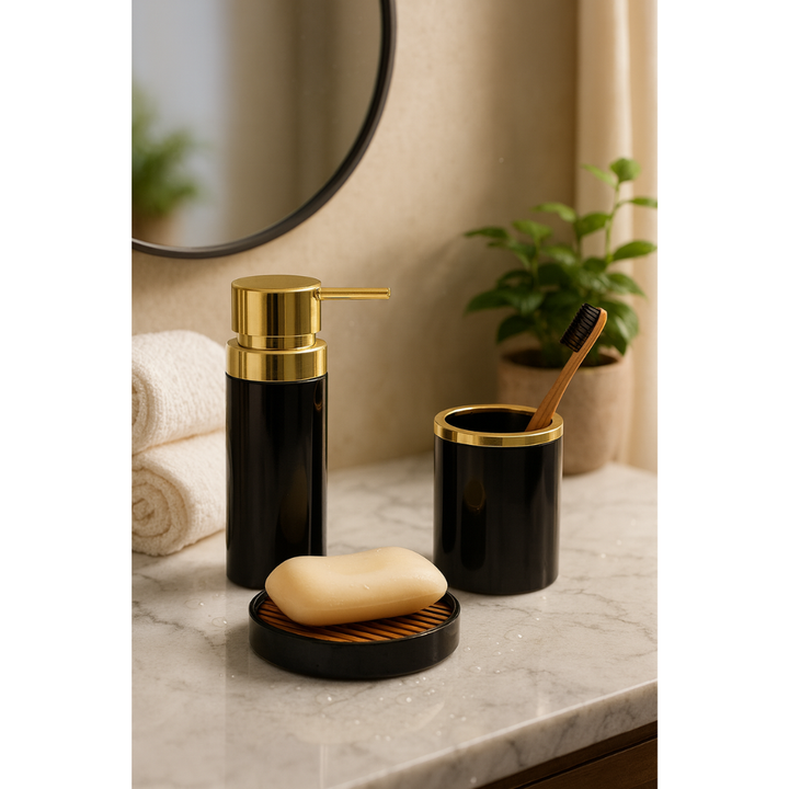Bathroom Accessories Set (3-Piece Acrylic) – Gold Ring Trim