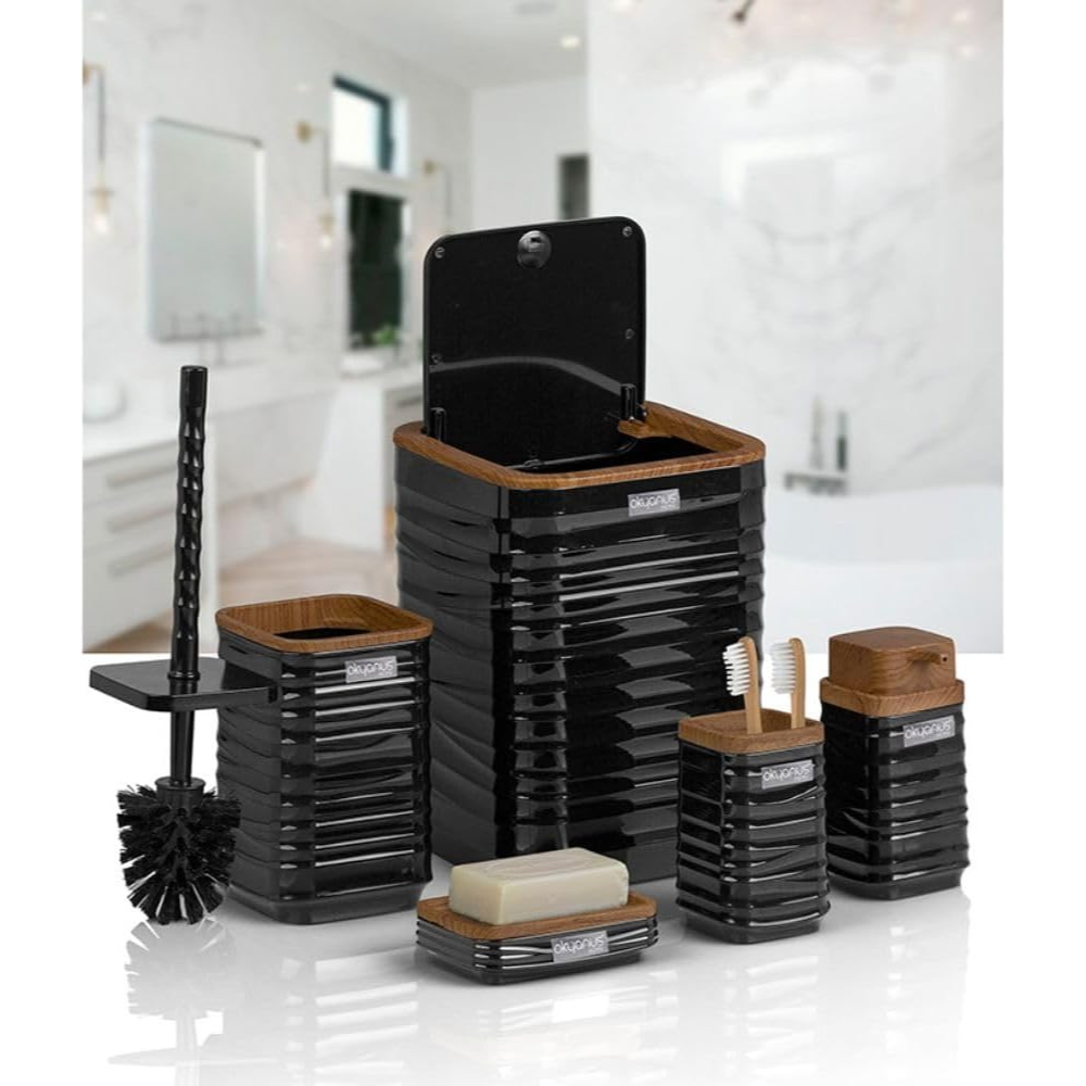 Modern 5-Piece Bathroom Accessories Set – Covered Bin, Wood-Grain Accents