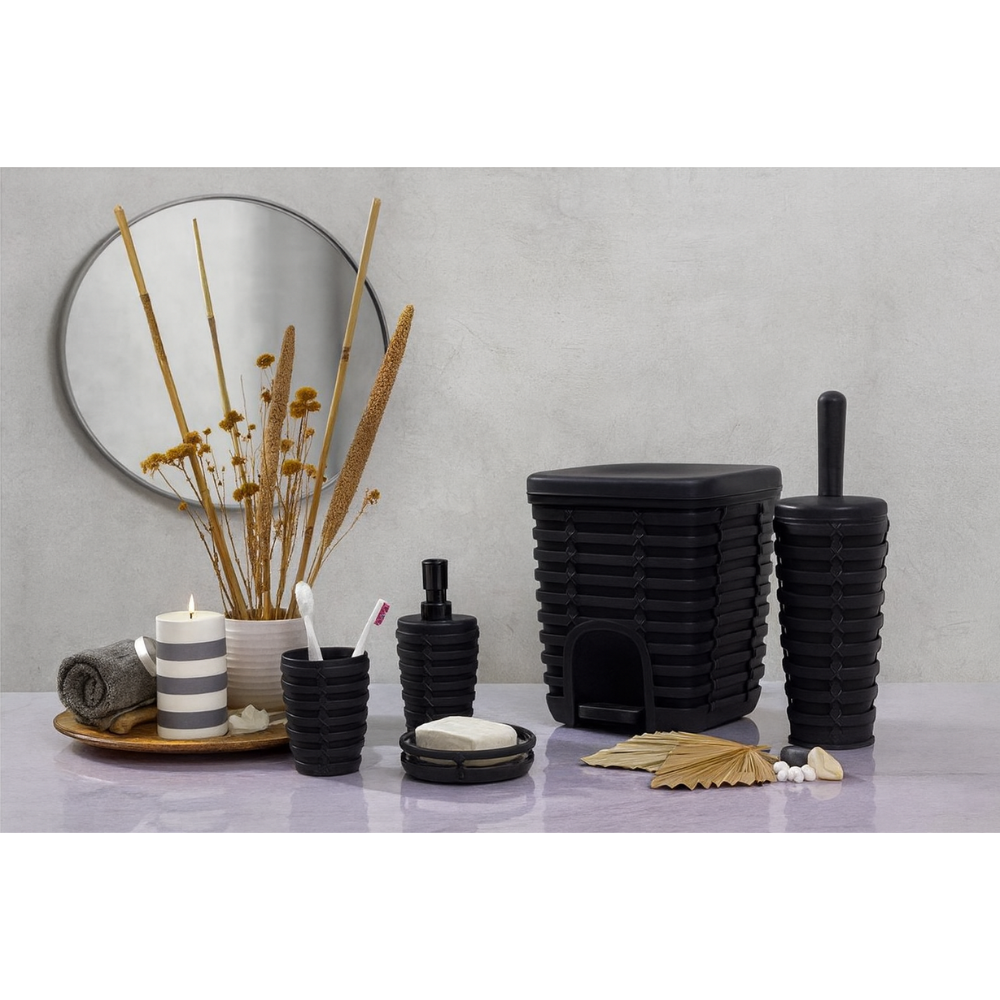 Rattan-Style 5-Piece Bathroom Accessory Set with 5 Liter Pedal Bin | Primanova