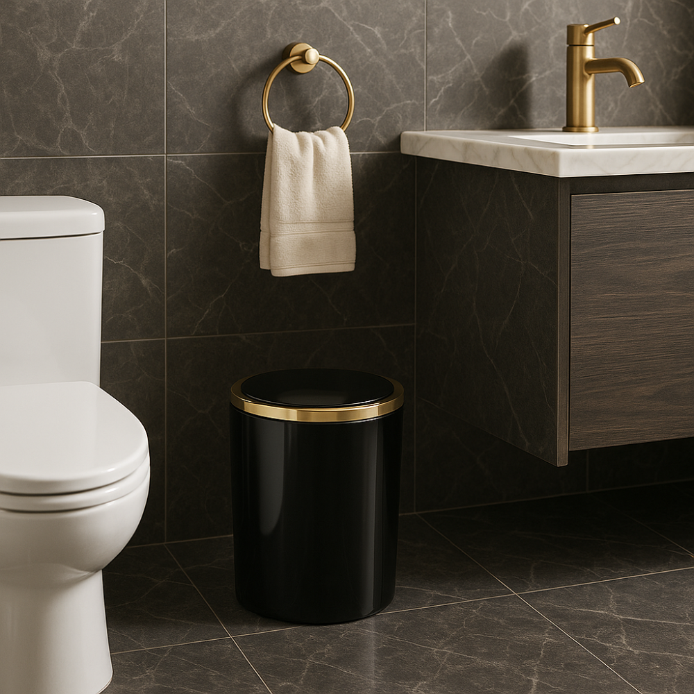 Acrylic Swing-Lid Trash Can – Gold Ring Rim Design, 6 Liter