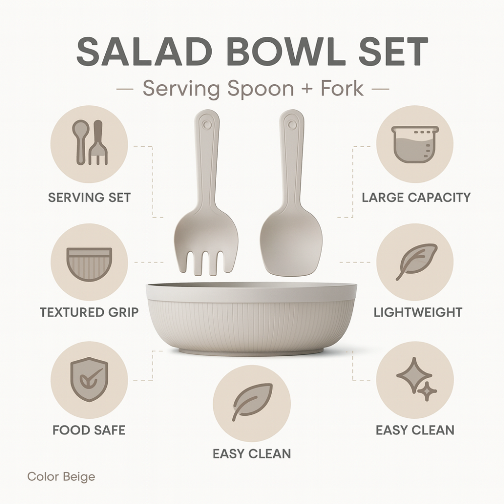 Salad Bowl with Serving Spoons – Large 4 Liter Kitchen Mixing Set