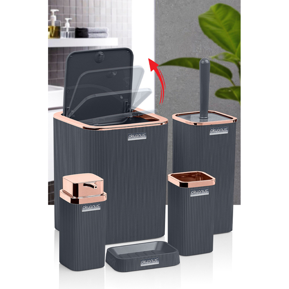 Okyanus 5-Piece Bathroom Accessory Set – Ribbed Modern Design with Rose-Gold Accents
