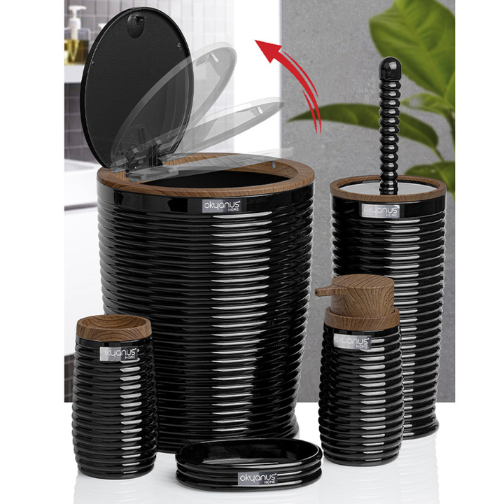Okyanus 5-Piece Bathroom Accessories Set – Wood-Grain Accents, Durable Plastic