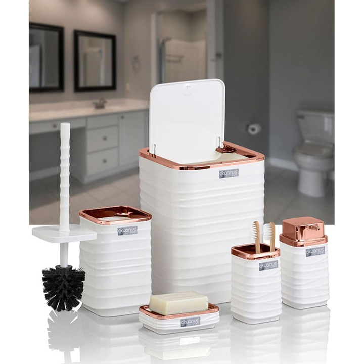Okyanus 5-Piece Bathroom Accessories Set – Rose-Gold Accents, Easy-Clean