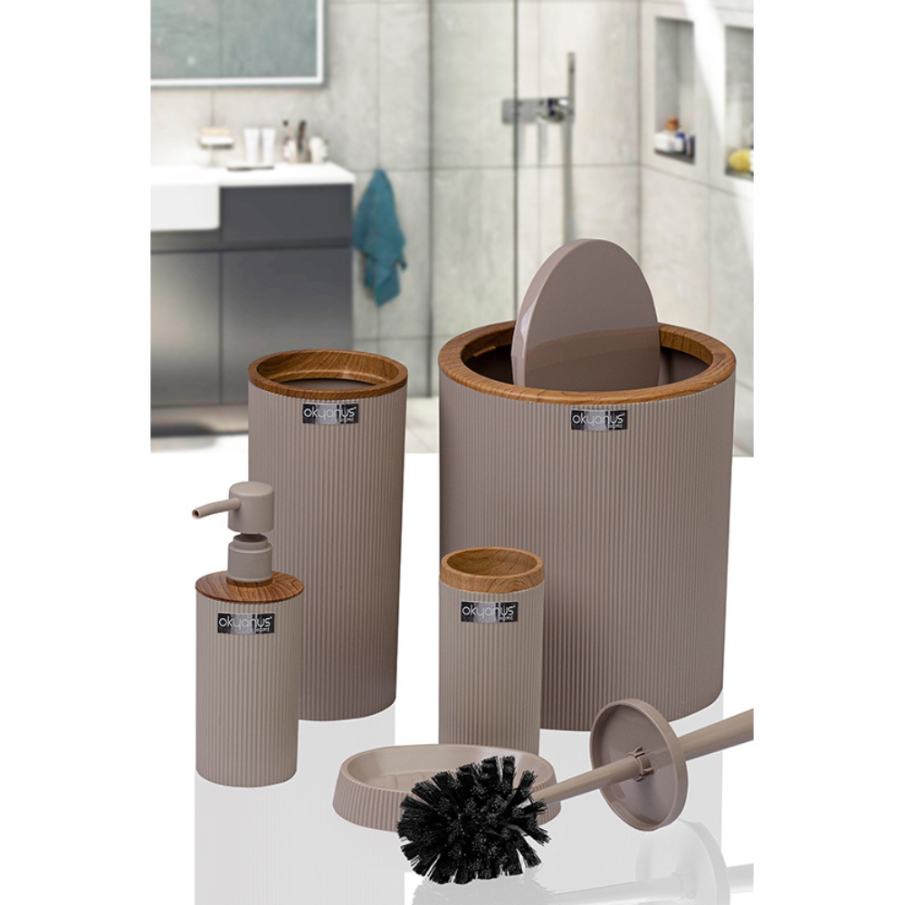 Okyanus 5-Piece Bathroom Accessory Set – Beige Ribbed Design & Wood-Style Accents