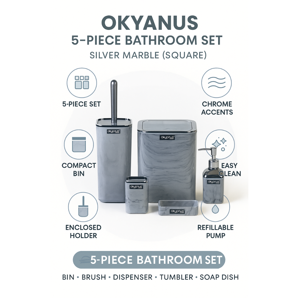 طقم حمام بنمط رخامي رمادي مربع - 5 قطع