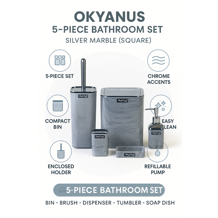 طقم حمام بنمط رخامي رمادي مربع - 5 قطع