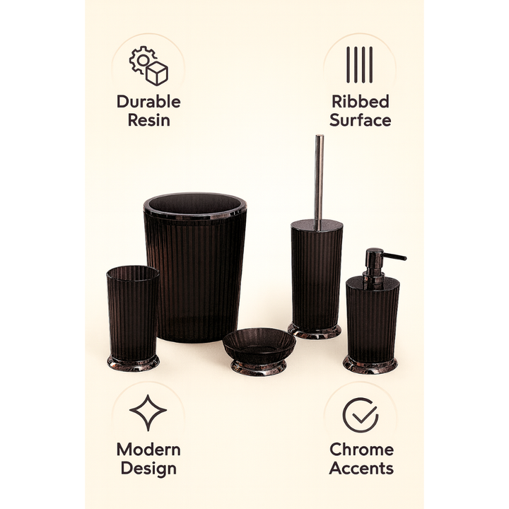 Ribbed Bathroom Accessories Set – Chrome Accents, 5-Piece