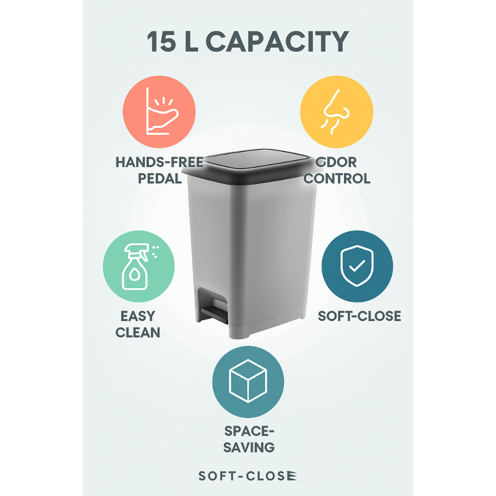 سلة مهملات دنيا البلاستيكية النحيفة ذات الدواسة المستطيلة - (رمادي)
