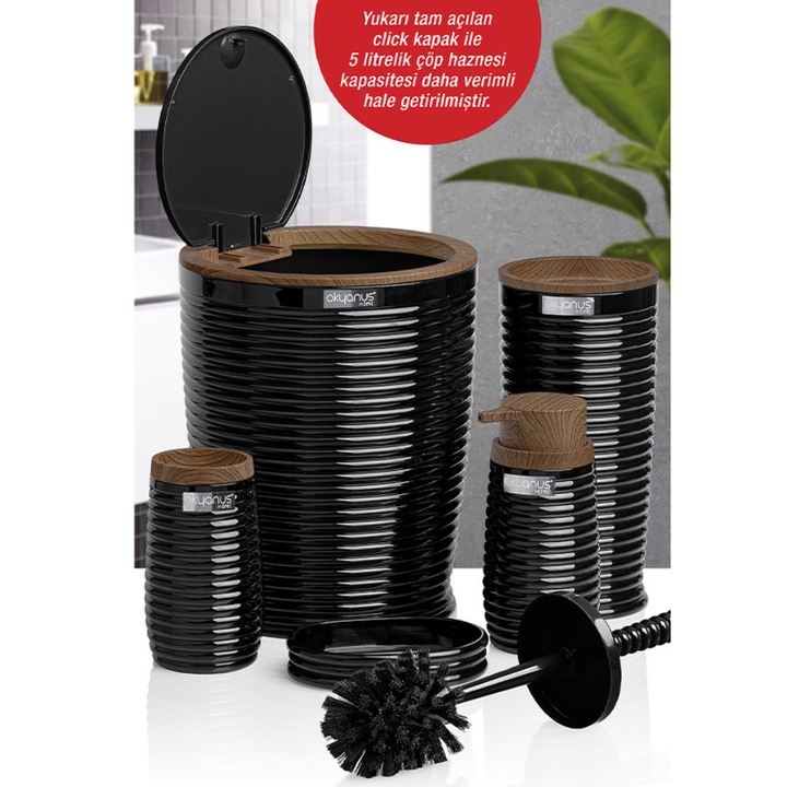 Okyanus 5-Piece Bathroom Accessories Set – Wood-Grain Accents, Durable Plastic