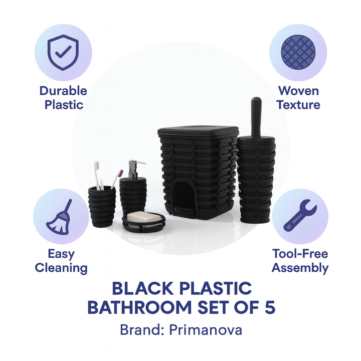 Rattan-Style 5-Piece Bathroom Accessory Set with 5 Liter Pedal Bin | Primanova