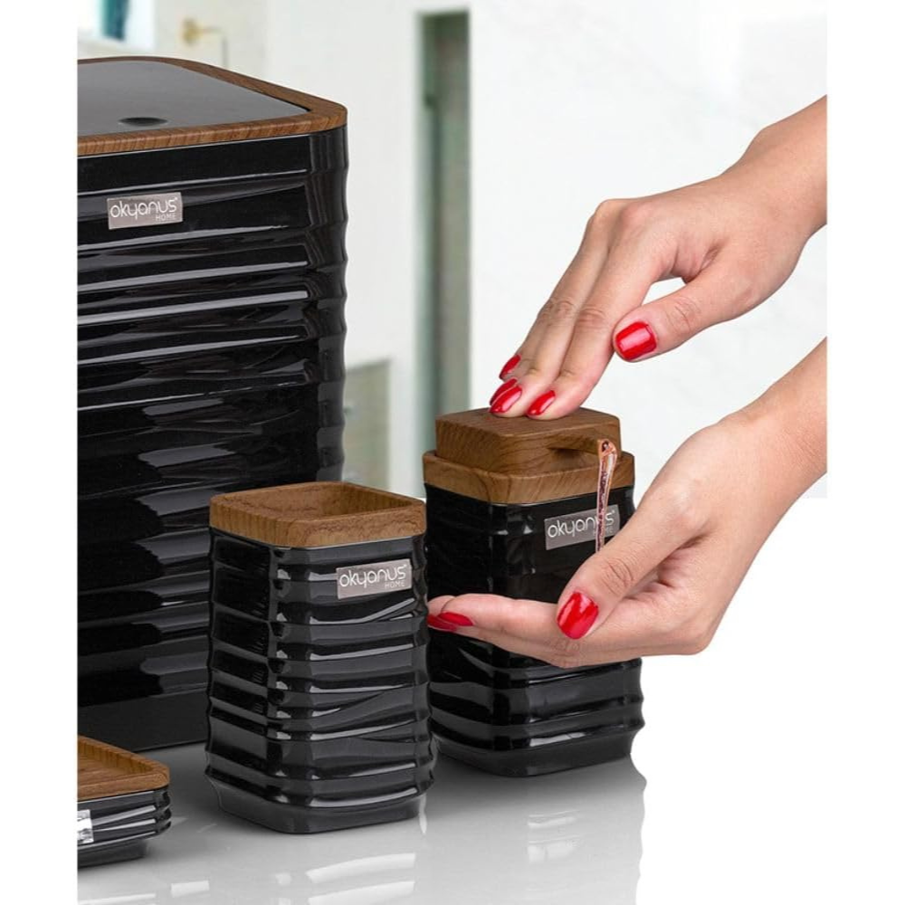 Modern 5-Piece Bathroom Accessories Set – Covered Bin, Wood-Grain Accents