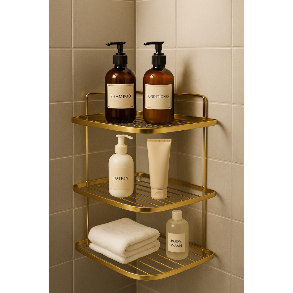 رف حمام زاوية من الفولاذ المقاوم للصدأ، ذهبي مقاوم للصدأ