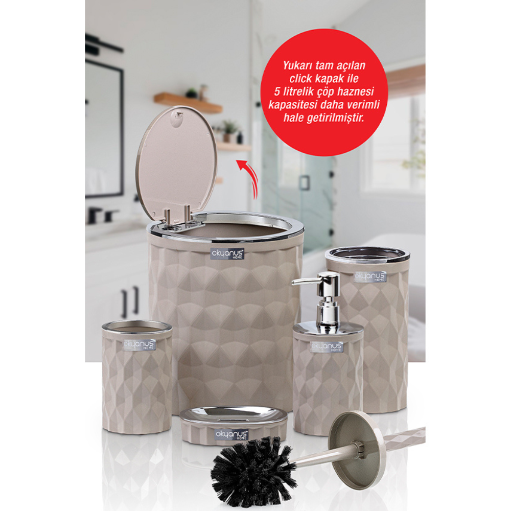 Okyanus 5-Piece Bathroom Accessories Set – Chrome Accents, Beige