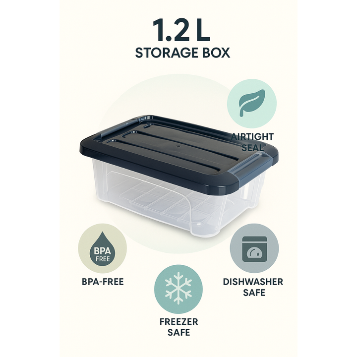 صندوق تخزين ملكي بلاستيكي شفاف - وعاء طعام محكم الإغلاق بغطاء مشبك - (رمادي غامق)