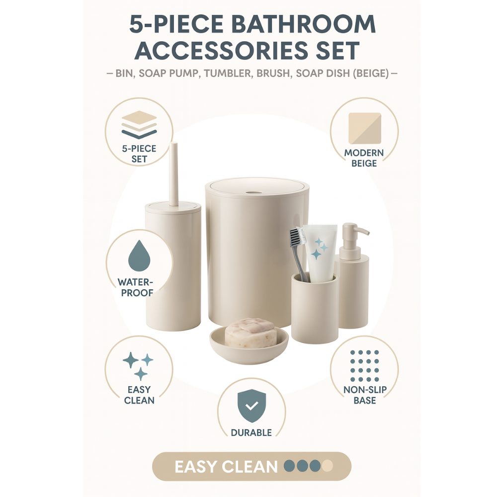 مجموعة إكسسوارات الحمام البلاستيكية فلوريس، 5 قطع