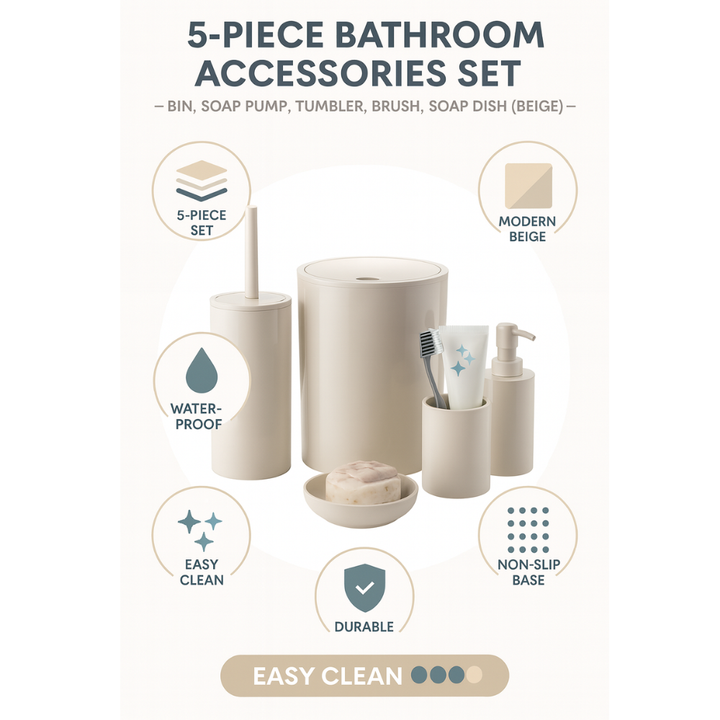 مجموعة إكسسوارات الحمام البلاستيكية فلوريس، 5 قطع