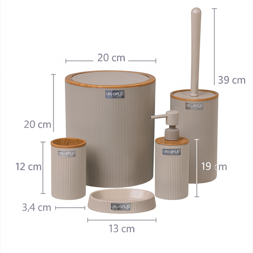 Okyanus 5-Piece Bathroom Accessory Set – Beige Ribbed Design & Wood-Style Accents