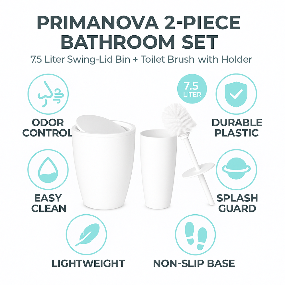 Primanova Pure Bathroom Set 2-Piece – 7.5 liter Bin + Toilet Brush