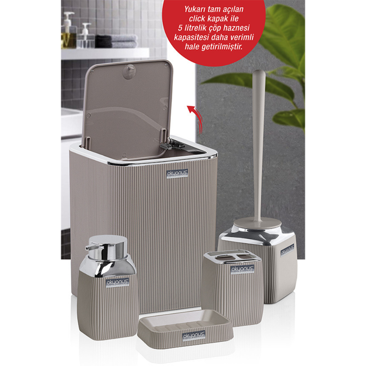 Okyanus 5-Piece Bathroom Accessories Set – Chrome Accents, Durable Plastic