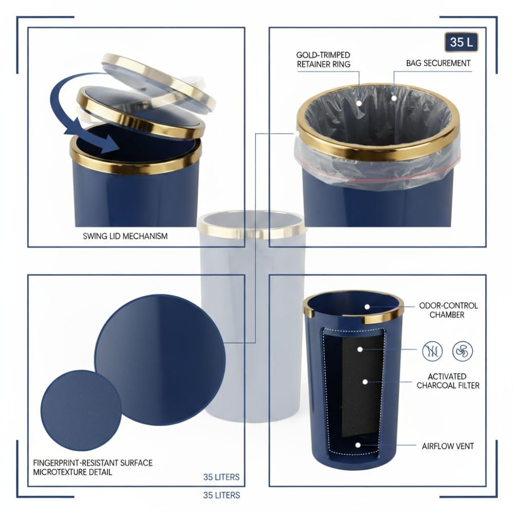 سلة مهملات بغطاء متأرجح وحلقة داخلية - سعة 35 لترًا، لون أزرق داكن/ذهبي