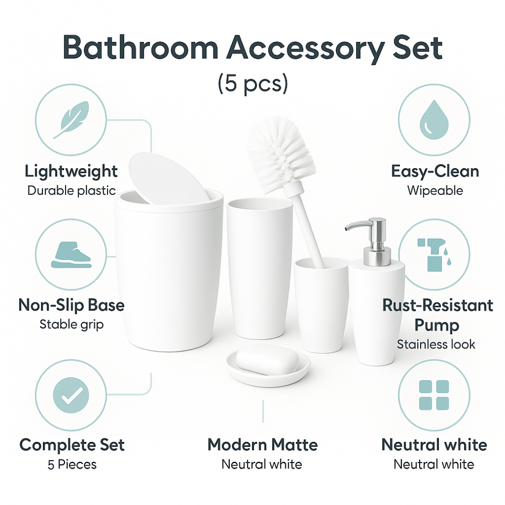 Bathroom accessories set 5 pieces – durable plastic, 7.5 Liter bin