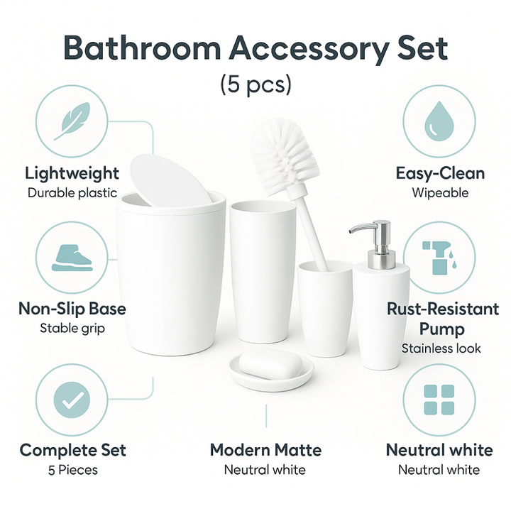 Bathroom accessories set 5 pieces – durable plastic, 7.5 Liter bin