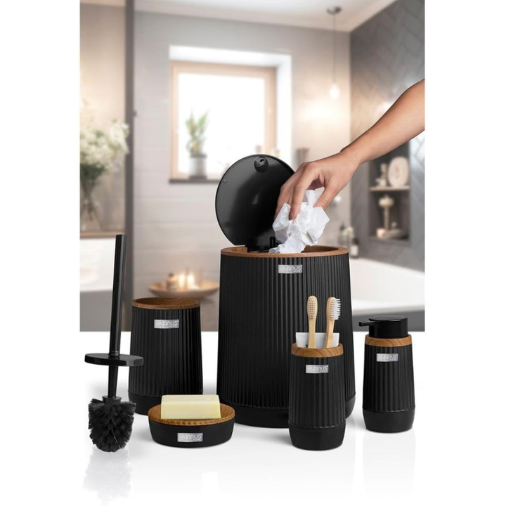 5-Piece Bathroom Accessories Set – Wood-Grain Accents, Durable Plastic