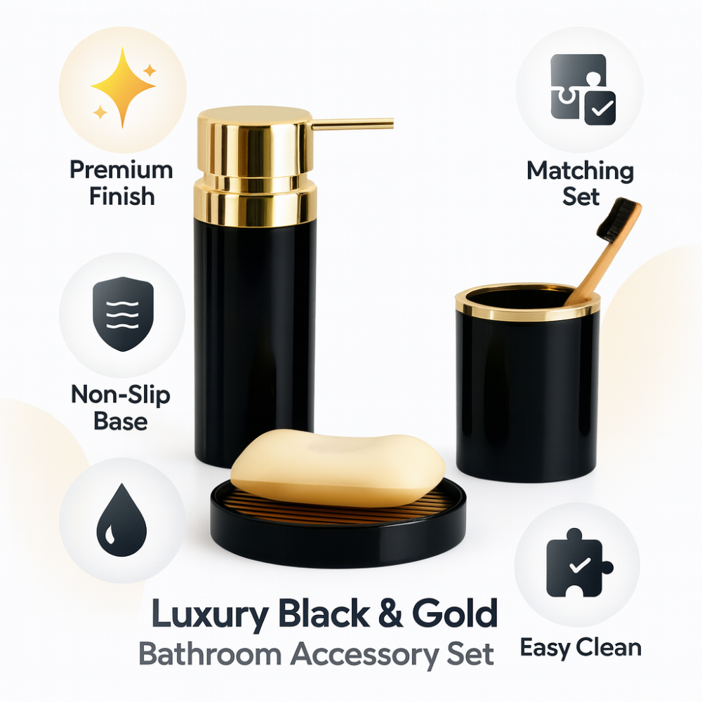 Bathroom Accessories Set (3-Piece Acrylic) – Gold Ring Trim