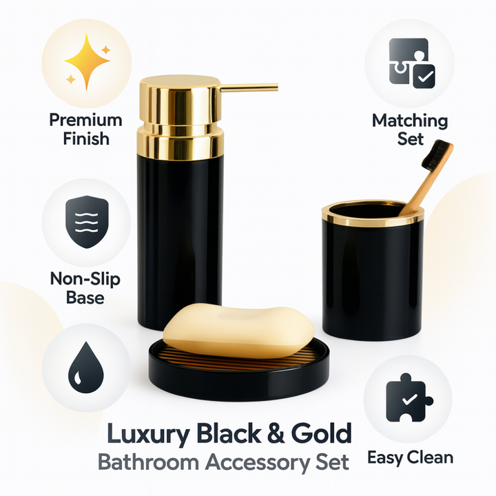 Bathroom Accessories Set (3-Piece Acrylic) – Gold Ring Trim