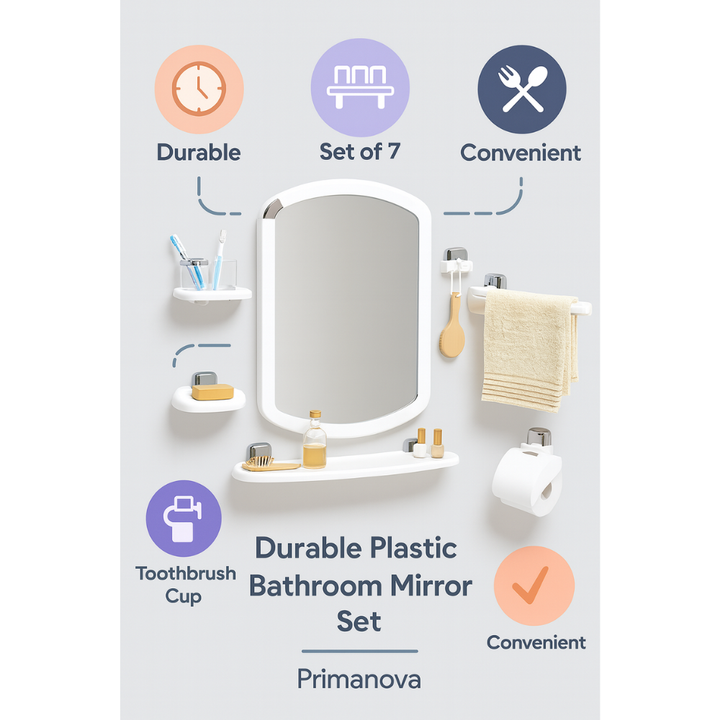 طقم مرآة حمام مع ملحقاته من 7 قطع - أبيض | بريمانوفا
