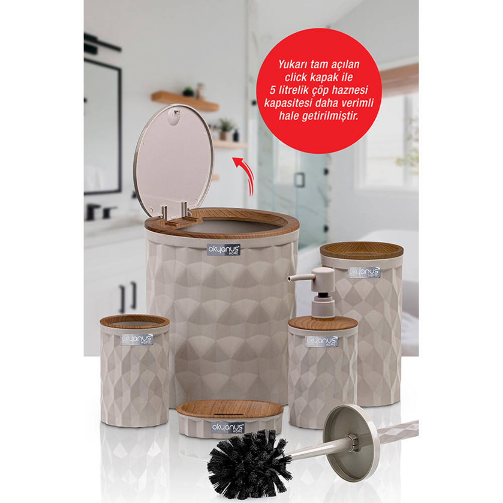Okyanus 5-Piece Bathroom Accessories Set – Wood-Frame, Durable Plastic