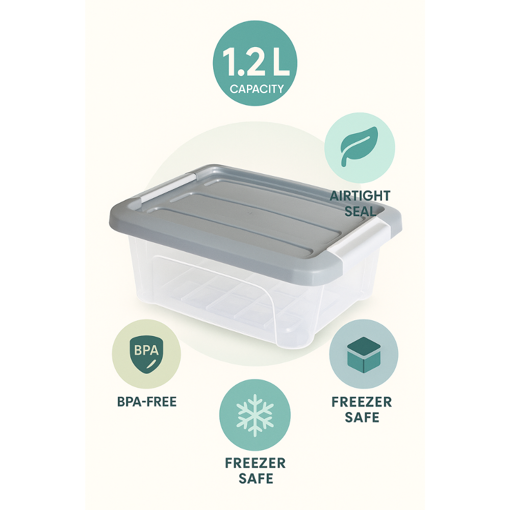 صندوق تخزين بلاستيكي شفاف ملكي - حاوية طعام محكمة الإغلاق بغطاء مشبك - (رمادي)