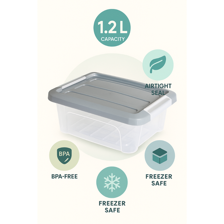 صندوق تخزين بلاستيكي شفاف ملكي - حاوية طعام محكمة الإغلاق بغطاء مشبك - (رمادي)