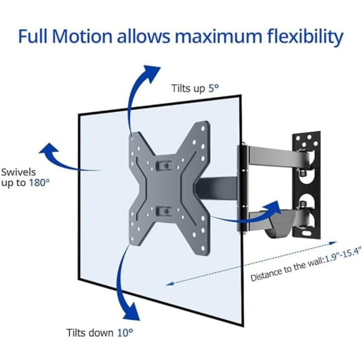 Full-Motion TV Wall Mount – 22–42" Screens, Tilt 15°, 40 kg