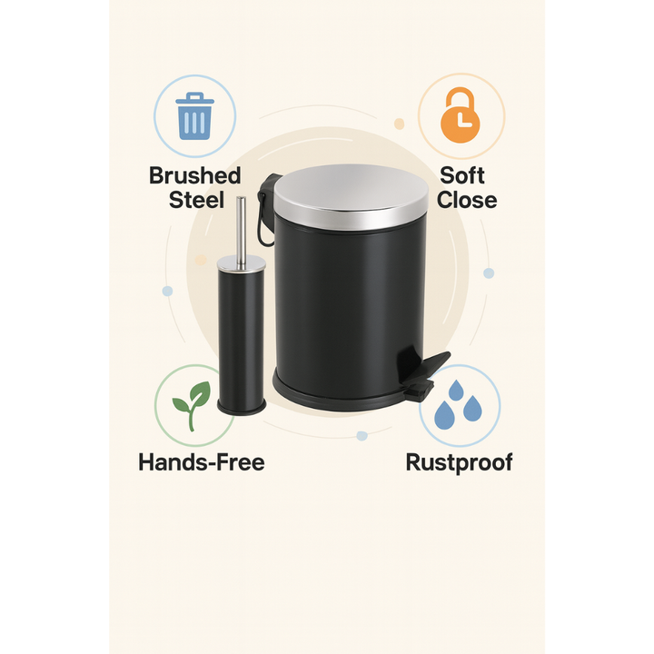 Bathroom Pedal Bin & Toilet Brush Set – Soft-Close Lid, Removable Inner Bucket