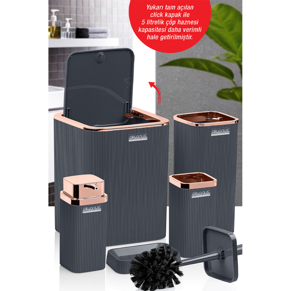 Okyanus 5-Piece Bathroom Accessory Set – Ribbed Modern Design with Rose-Gold Accents