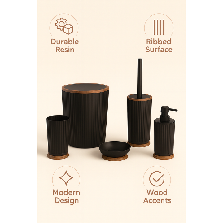 5-Piece Bathroom Accessories Set – Wood-Grain Accents, Durable Plastic