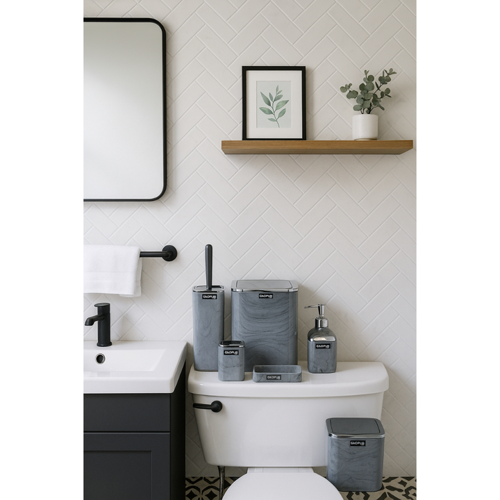 طقم حمام بنمط رخامي رمادي مربع - 5 قطع