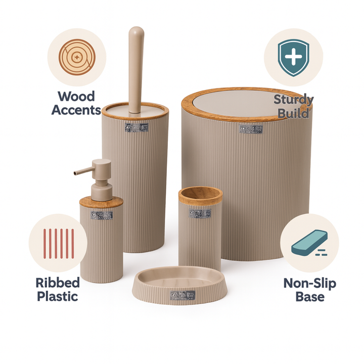 Okyanus 5-Piece Bathroom Accessory Set – Beige Ribbed Design & Wood-Style Accents