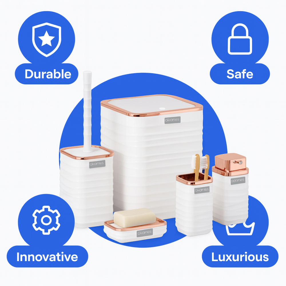 Okyanus 5-Piece Bathroom Accessories Set – Rose-Gold Accents, Easy-Clean